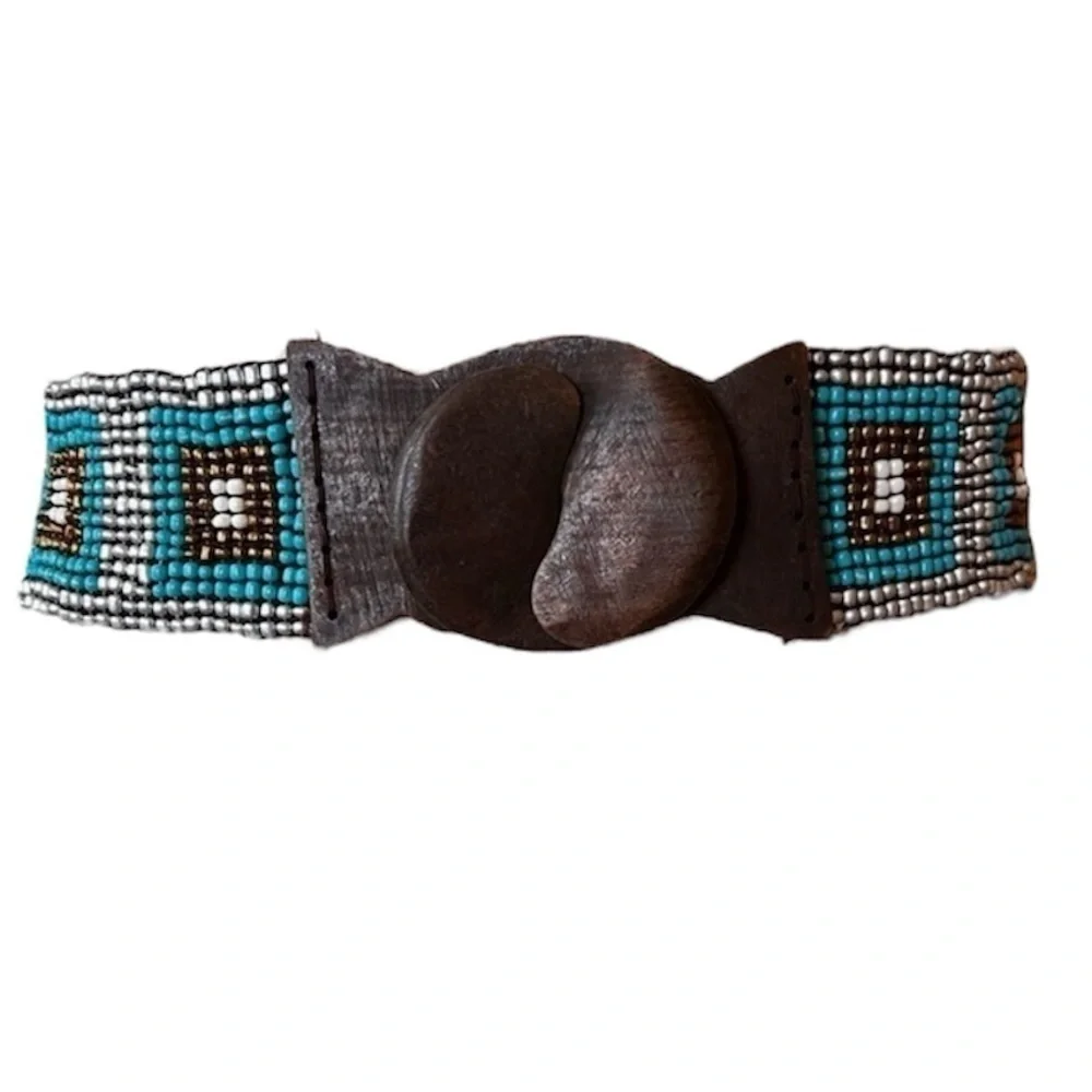 Vintage Beaded Stretch Belt Turquoise Wood Hook Western Boho 26”-34”